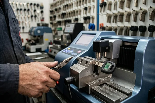 Chave codificada em processo de fabricação, destacando sua complexidade e segurança.