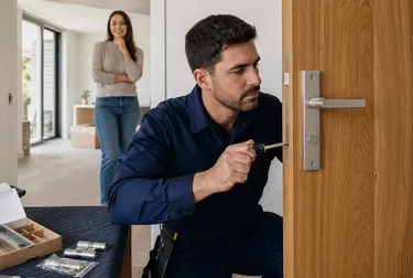 Chaveiro instalando uma fechadura em uma porta em Cambé.